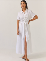 Gaun Kemeja Putih 100% Linen untuk Wanita - Gaun Maxi Lengan Pendek Kancing Depan dengan Belahan Samping & Ikat Pinggang, Bahan Bernapas untuk Musim Panas