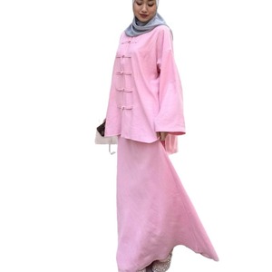 2026 Wholesale Summer Neo-Chinese <strong>Linen</strong> 2 Piece Set Frog Button Tunic and <strong>Maxi</strong> <strong>Skirt</strong> Periwinkle Modest Women Elegant Suit - Product Image 5