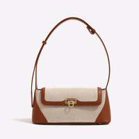 Tas Selempang Wanita Kanvas Warna-Blok Dua Warna Sambungan Vintage dengan Tutup dan Tali Pengikat yang Dapat Disesuaikan, Aksen Kulit PU, untuk Sehari-hari