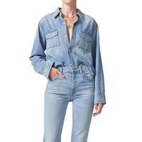 Ropa vaquera clásica para mujer, cuello extendido, manga larga, bolsillo en el pecho, camisa de otoño, ropa informal, blusa vaquera ligera para mujer