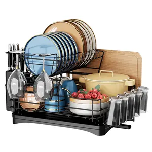 Kitchen Folding Steel Over Sink Dish Drying Rack 2 Tier Plate Storage Holders Dish with Cutlery Drainer Dish Storage Rack Luxury