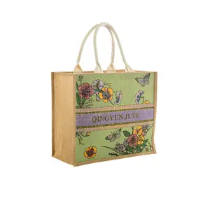 Customized Logo Pattern Color Burlap Jute Yuta Fabric Plain Tote Bag Boutique Shopping Bags