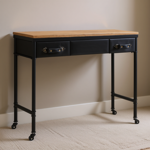 Natural Wood And Black Console <b>Table</b> <b>With</b> <b>Wheels</b> Industrial Design Modern Living Room Furniture - Product Image 2