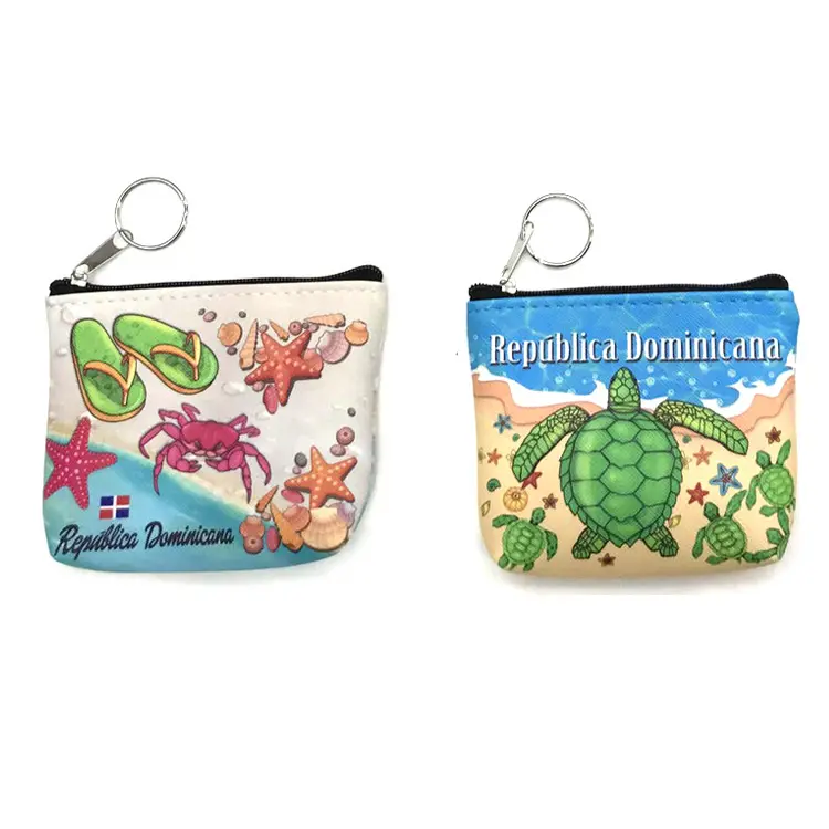 Pochette à monnaie en cuir pu motif imprimé personnalisé, souvenir de plage touristique, sac à monnaie tortue vente en gros