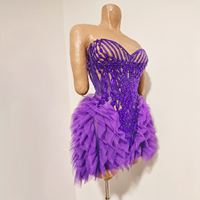 Robe Courte Sexy Violette en Strass et Cristal, Bustier, avec Volants en Tulle Transparent, pour Soirée, Club, Spectacle ou Déguisement de Scène