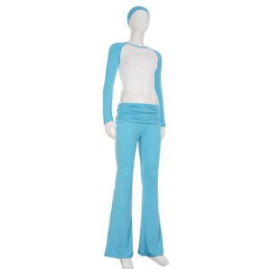 महिलाओं का रंग ब्लॉक 3-पीस वर्कआउट, लंबी आस्तीन टी और फोल्डओवर कमर लेगिंग आवश्यक फिटनेस - Product Image 3