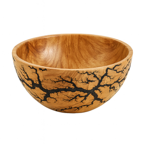 Bol de service rond en bois fait main, élégant, avec motif brûlé par électrolyse, idéal pour servir des fruits et des salades - Product Image 1