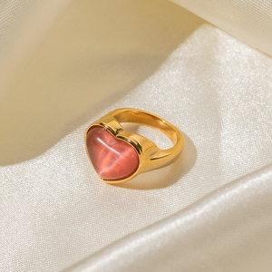 Anillo Abierto de Acero Inoxidable con Baño de Oro de 18K y Piedra Ojo de Gato Rosa, Diseño de Corazón, Novedad - Product Image 3