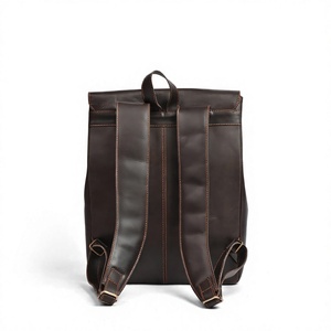 Unisex Genuine Leather <b>Backpack</b> Solid Brown Hasps Closure Front Pocket Adjustable <b>Strap</b> Durable Casual Daily Use - Product Image 2