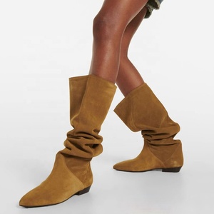 New Suede Loose Upper Shoes Flat Heels Pointed Toe Slouchy Long Boots Women's Wide Fit Knee High <b>Booties</b> - Product Image 1