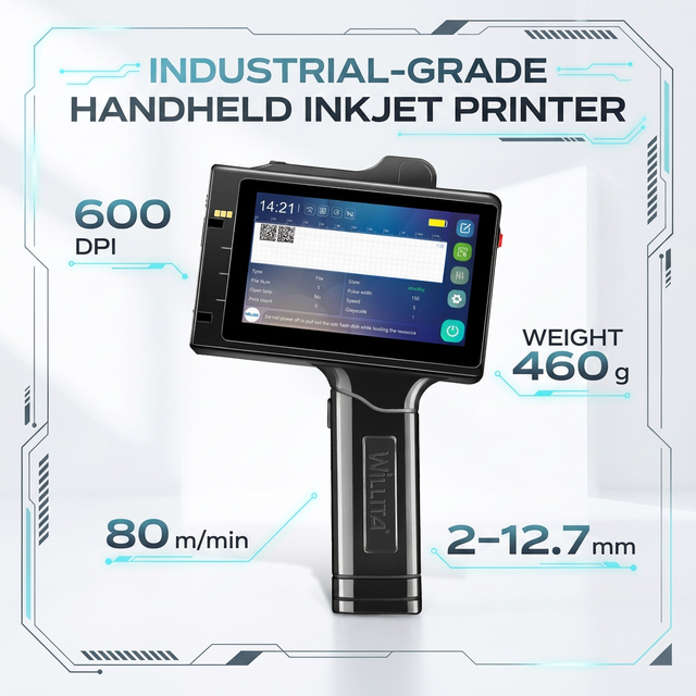 Willita Industrial Mini Portable Handheld Inkjet Printer Gun 12.7mm Fast Dry Ink Cartridge Expiry Date Batch Code Belt Foil
