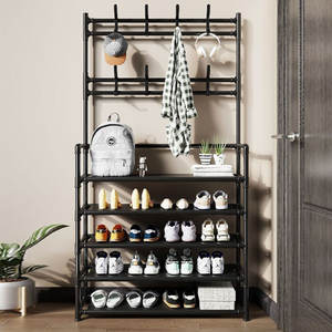 家庭用オフィスヘビーデューティメタル5層コートラック棚収納オーガナイザー布乾燥ラック帽子ハンガーフック付き - Product Image 1