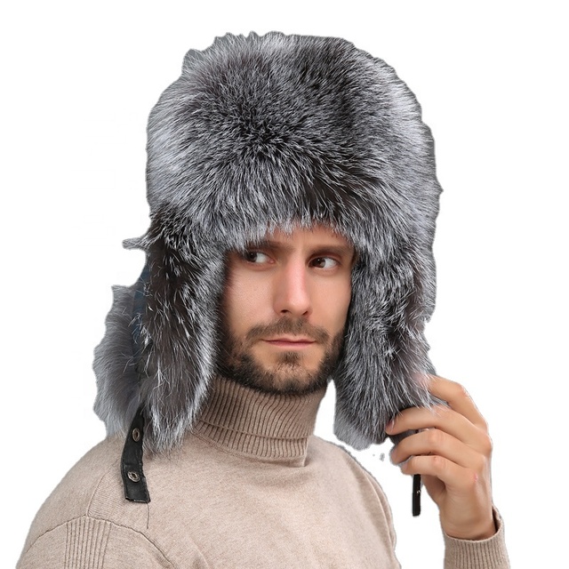 Luxury Real Silver Fox Fur Russian Ushanka Hat for Unisex Black Leather with Striped Design Party Use