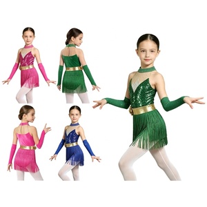 Costumes de danse pour filles : Haut à sequins, jupe à franges, gants, ceinture dorée, manchettes, pour compétition de danse latine et jazz, sur mesure - Product Image 1