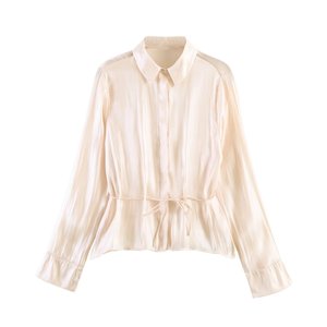 Camicetta da donna 2026 in raso metallizzato plissettato <span class=keywords><strong>con</strong></span> <span class=keywords><strong>cintura</strong></span>, camicia elegante in raso lucido a maniche lunghe, top casual da ufficio alla moda - Product Image 3
