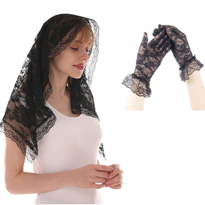 Velo <span class=keywords><strong>de</strong></span> encaje español blanco al por mayor para iglesia, <span class=keywords><strong>mantilla</strong></span> católica, pañuelo para la cabeza, chal para misa con guantes negros - Product Image 1