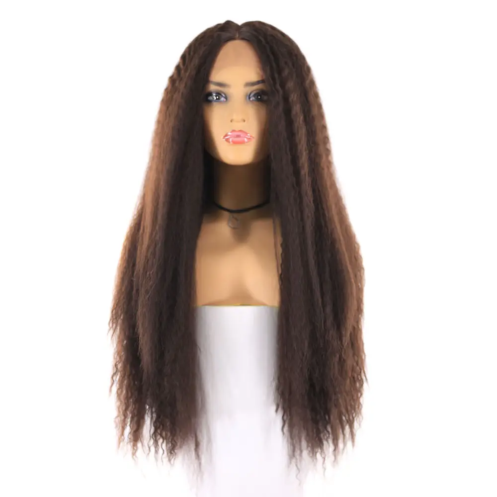 X-TRESS Lichtbruin Zwitserse Kant Voor Pruiken Voor Zwarte Vrouwen 26Inch Lange Afro Kinky Krullend Rechte Kant Frontale Synthetische haar Pruiken