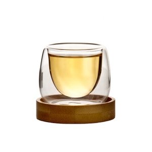 Hot Sale 80ml Small clear Double Wall Glass Tea <strong>Cup</strong> <strong>Set</strong> With Wooden Base - Product Image 1