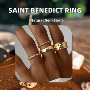 European American Trendy Hot-Selling Brass Natural Stone Christian Saint Benedict Exorcism Brand Men's 18K Gold Plated <b>Open</b> <b>Ring</b> - Product Image 2