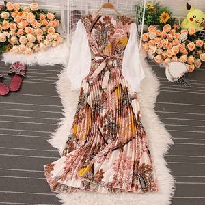 Robes décontractées Robes imprimées plissées élégantes à manches longues pour filles Robe de plage amincissante pour femmes - Product Image 5