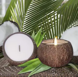 पर्यावरण के अनुकूल प्राकृतिक कार्बनिक नारियल के खोल सुगंधित सोया मोम मोमबत्ती कटोरा धारक लकड़ी बाती