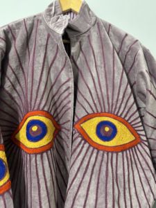 Blouson Bomber en Velours Tricoté Fait Main pour Femme, Broderie Artistique au Dos Motif Œil, Respirant, Style Ethnique Bohème, Vêtement d'Hiver Tendance - Product Image 3