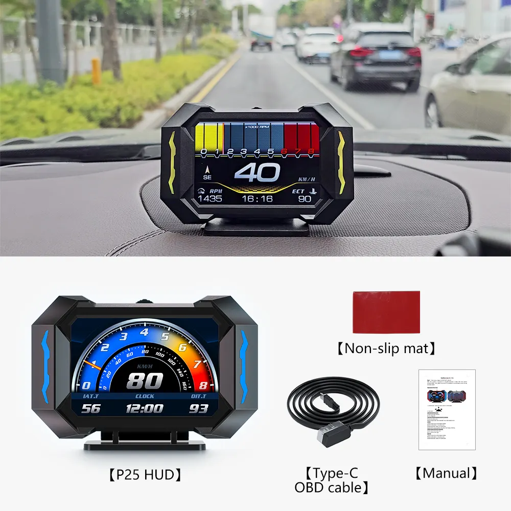 Última versión P25 GPS coche OBD2 medidor escáner Digital alarma medidor de velocidad pantalla HUD temperatura del agua RPM Turbo Boost accesorios de coche