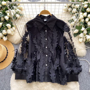 Camicette <span class=keywords><strong>Vintage</strong></span> a Maniche Lunghe in Rete per Donna, Camicie Tinta Unita, <span class=keywords><strong>Top</strong></span> Retrò, Abbigliamento Femminile all'Ingrosso - Product Image 4