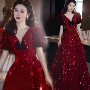 <b>Red</b> <b>Sequined</b> V-Neck Bridal Gown Natural Waistline For Wedding Toasts Stage Performances And Coming Of Age Ceremony - Product Image 1