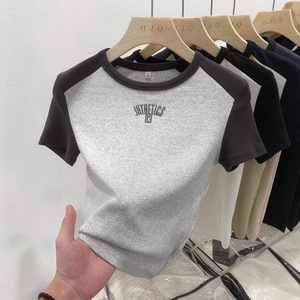 <span class=keywords><strong>Camisetas</strong></span> <span class=keywords><strong>de</strong></span> Algodón para Mujer al por Mayor con Logotipo Personalizado, Talla Grande, Estilo Crop Top, Manga Corta, Raglán - Product Image 2