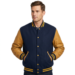Veste varsity bleu marine pour homme, manches en cuir marron, finitions jaunes, style décontracté, coupe classique, vêtement d'hiver, laine/polyester/cuir - Product Image 1