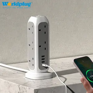 Worldplug uk surge protector tower power strip plug socket extension cord lead with multiple outlets