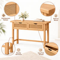 Table console en bambou avec 2 tiroirs en rotin, table d'entrée en MDF avec rangement, table basse étroite pour couloir et salon