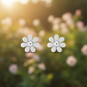 Orecchini a Perno con Fiore E1711, Placcati in Oro Bianco, in Lega di Zinco, Gioielli Unisex alla Moda - Product Image 2