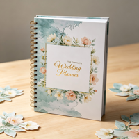 Carnet de planification de mariage floral aquarelle avec logo et motif personnalisés, reliure spirale dorée, couverture rigide en PP, cadeau