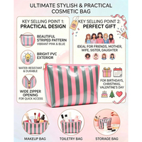 Pochette cosmétique imperméable en PVC rayé, brillante, transparente, avec fermeture éclair, grande capacité, réutilisable, pour le maquillage, les voyages, la plage et le quotidien