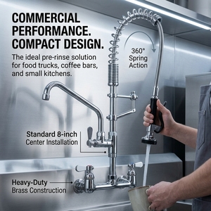 Aqua Systems Wall <b>Mounted</b> Kitchen Faucet 2 Handle Pull Out <b>Spray</b> Industrial Style Polished Chrome - Product Image 3