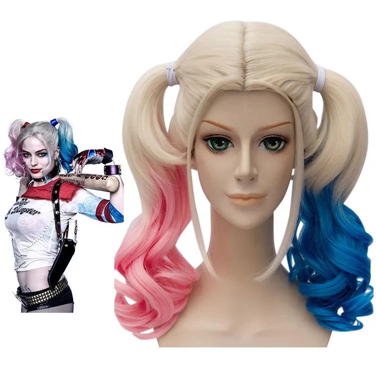 Patlayıcı modelleri saç ekleme intihar kadro Harley Quinn Cosplay peruk pembe mavi degrade saç