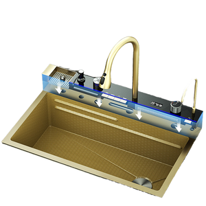 Fregadero de Cocina de Lujo Moderno Hecho a Mano con Válvula de Latón Estilo Ballena, de Acero Inoxidable 304, Gran Tazón Único con Cascada Nano Honeycomb - Product Image 1