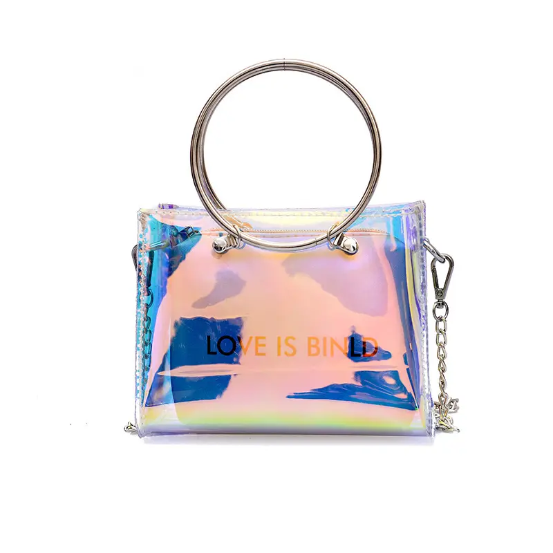 Wholesale spring summer glitter crossbody rainbow holographic girls clear transparent pvc women jelly purse handbag