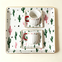 Mug en céramique gaufré moderne pour Noël et mariage avec 2 plateaux rectangulaires imprimés cactus et bord doré – Décoration d'intérieur