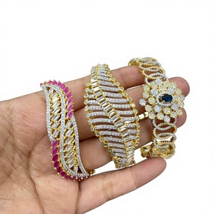 Gold Plated <b>Cuff</b> Fashion Bracelets With Zircon Stones Flower Design For Women Wedding Party Wear Classic Style Jewelry - Product Image 2