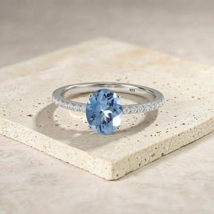Anillo Ovalado de Aguamarina en Plata de Ley 925, Anillo de Compromiso con Aguamarina Natural, Banda Delicada con Diamantes, Regalo de Piedra de Nacimiento de Marzo para Ella - Product Image 4