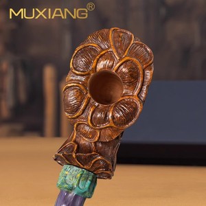 Muxiang Wooden Tobacco Pipe 3mm Bore Carved Briar Wood With Cobalt Mouthpiece For Men - Product Image 3