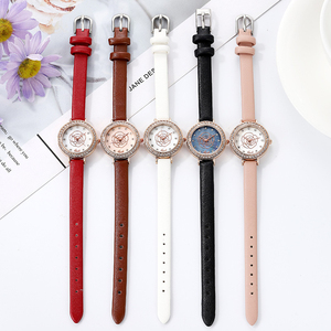 Montre-bracelet pour femme avec cadran serti de diamants, bracelet en cuir rond, tendance et moderne - Product Image 3