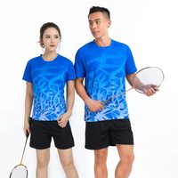 Jersey Bulu Tangkis Custom Motif Daun Biru Royal Sublimasi Cepat Kering Bernapas Pakaian Olahraga Tim Tenis Meja Pasangan
