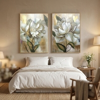 Ensemble de 2 tableaux modernes de luxe sur toile, fleurs blanches dorées, peinture florale originale, décoration de salon