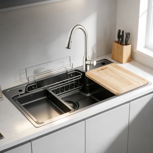Évier de cuisine multifonctionnel de style japonais à cuve unique grande en acier inoxydable 304 gris bronze pour la vaisselle - Product Image 1