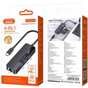 Jokade USB-C 4 In 1 Hub <b>Adapter</b> 3xUSB 3.0 1xRJ45 Gigabit <b>Ethernet</b> Black JC009-F - Product Image 6