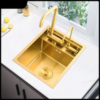 Évier invisible moderne pour îlot de cuisine, en acier inoxydable 304, à cuve unique, finition mini nano or, avec couvercle et robinet en laiton